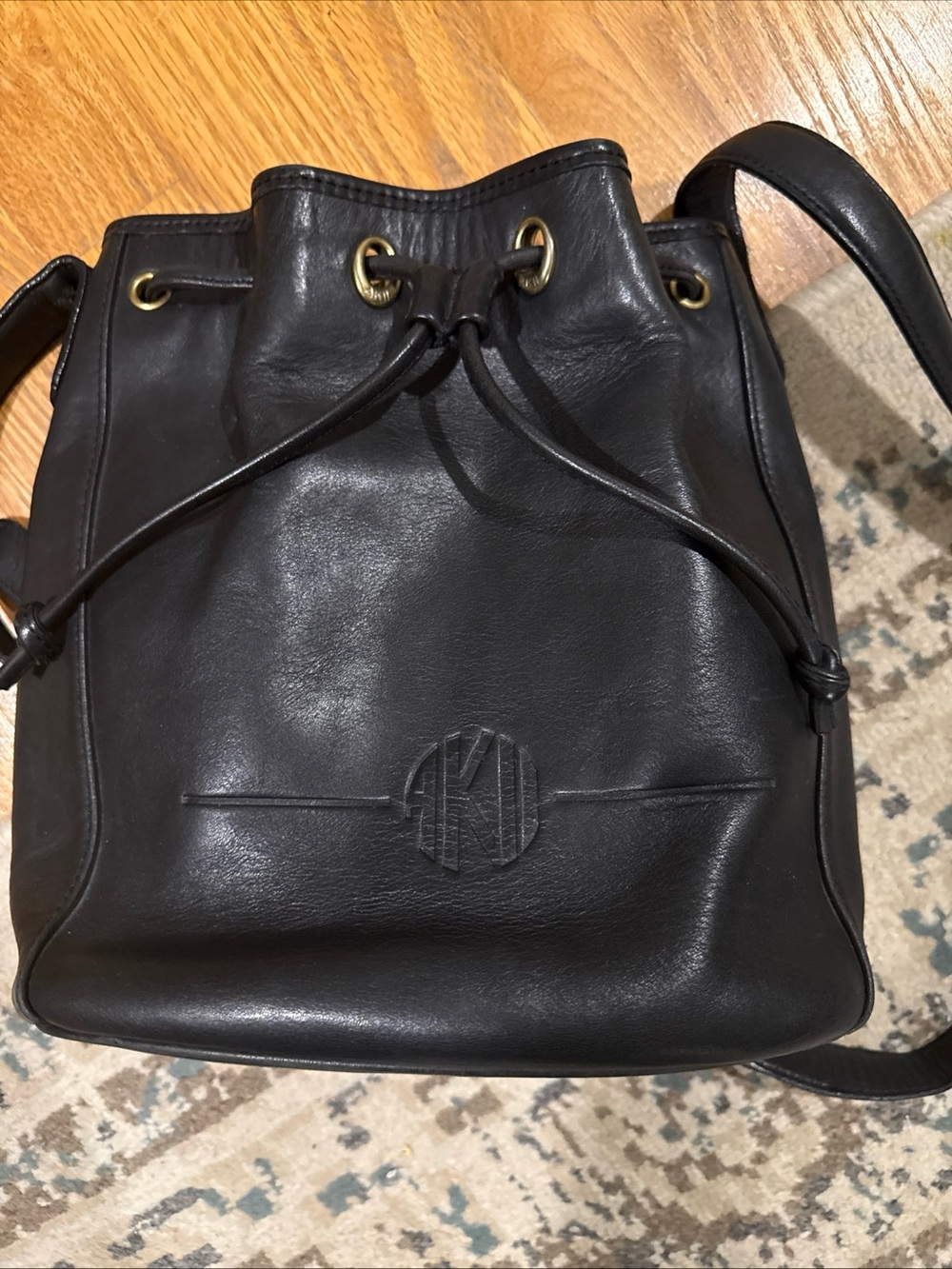 Vintage Anne Klein II Black Leather Drawstring Bucket Bag